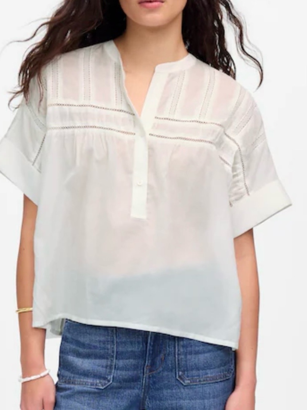 Lace-Inset Pintucked Henley Top Blouse